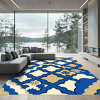 Navy and Gold Scalloped Shell Grid Rug