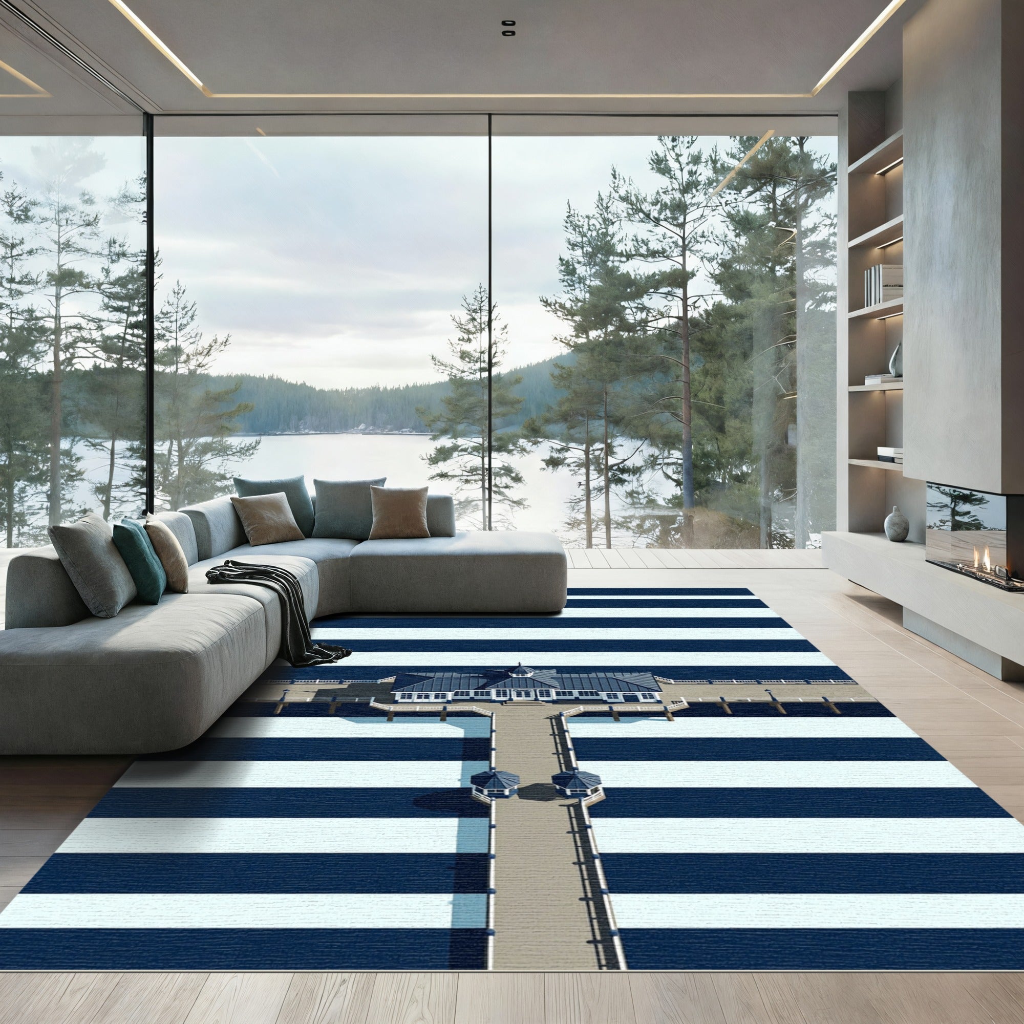 Minimalist Navy and White Striped Pier Rug