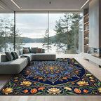 Elegant Navy Floral Gold Medallion Art Rug