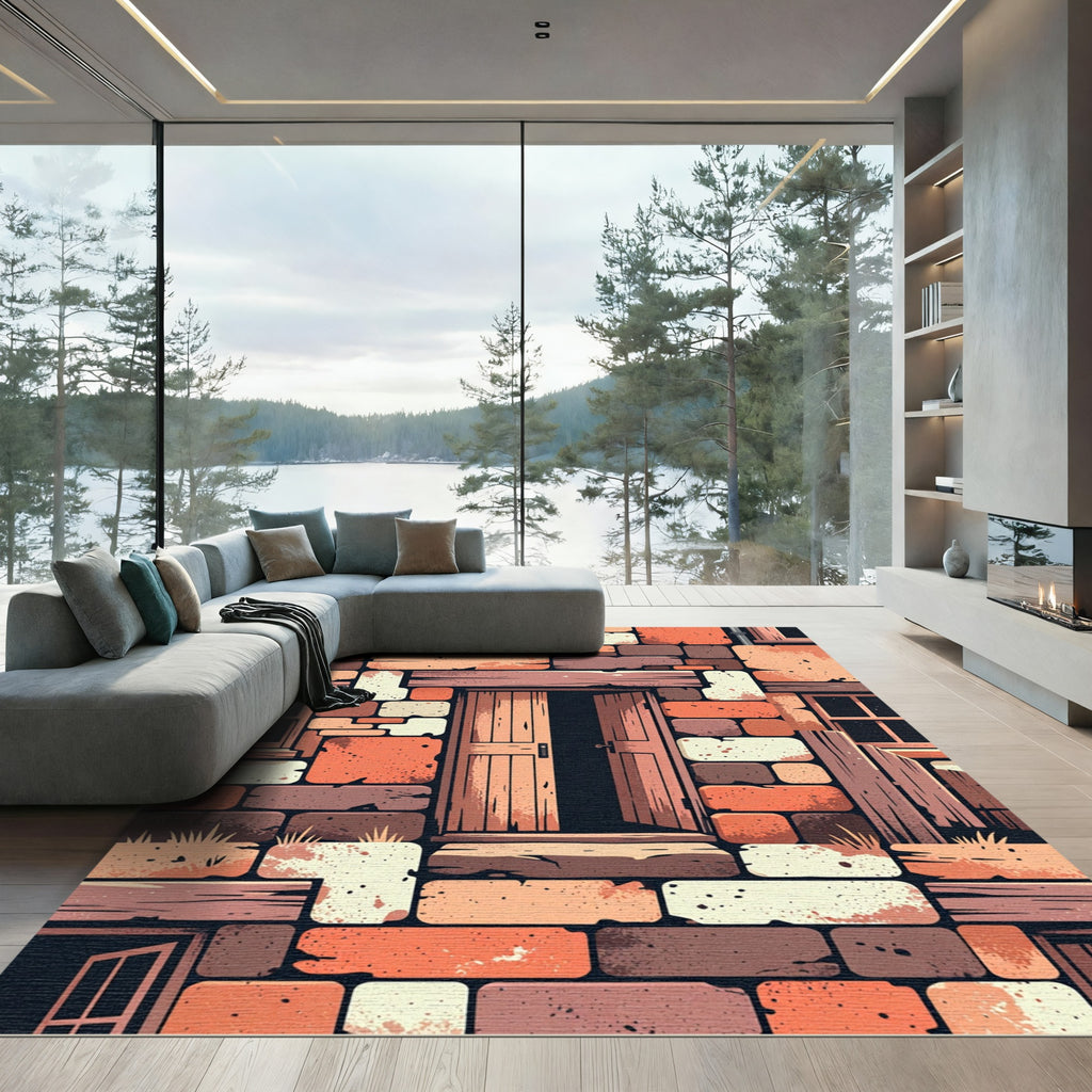 Rustic Earth Tones Wood Stone Brick Rug