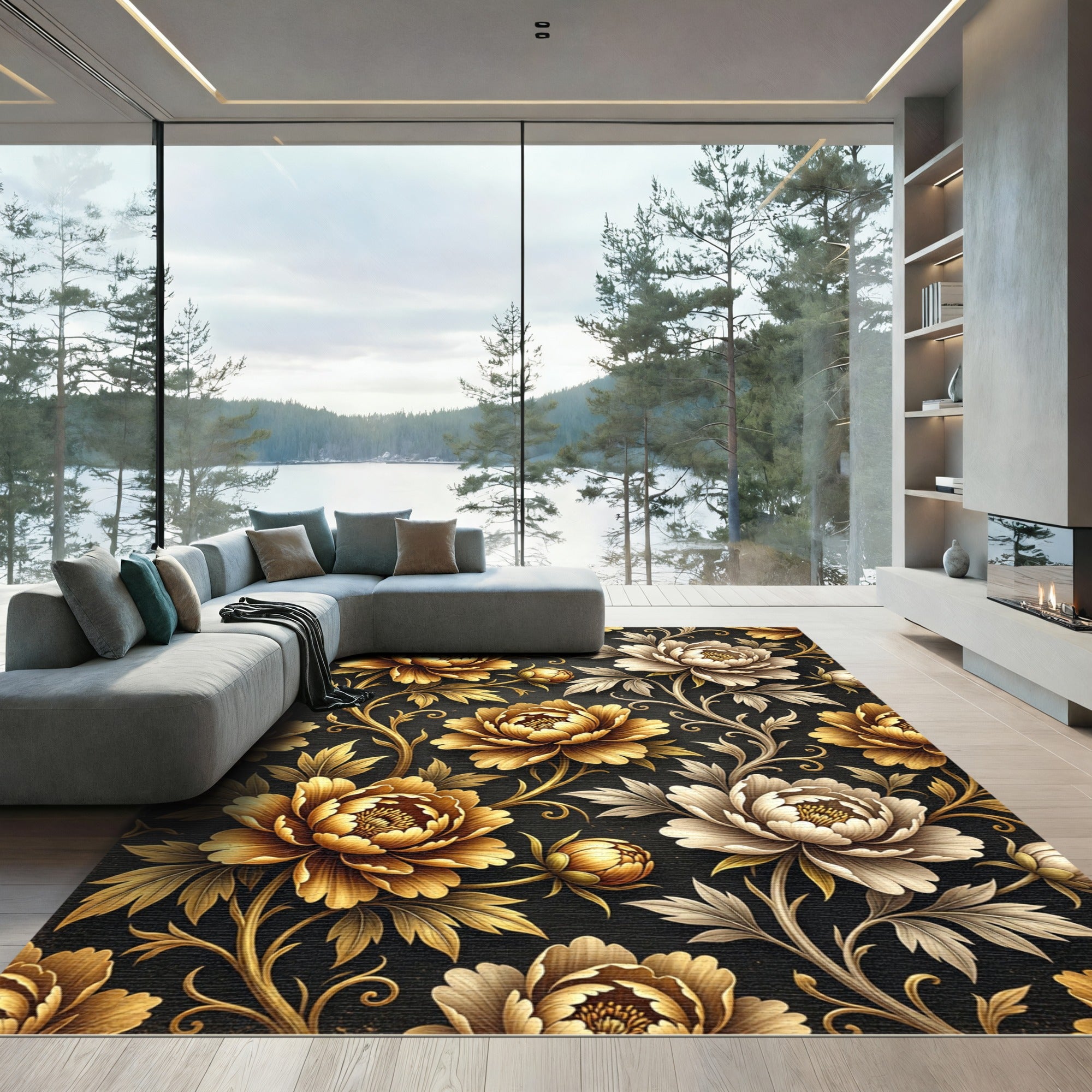 Golden Peony Floral Black Art Deco Rug