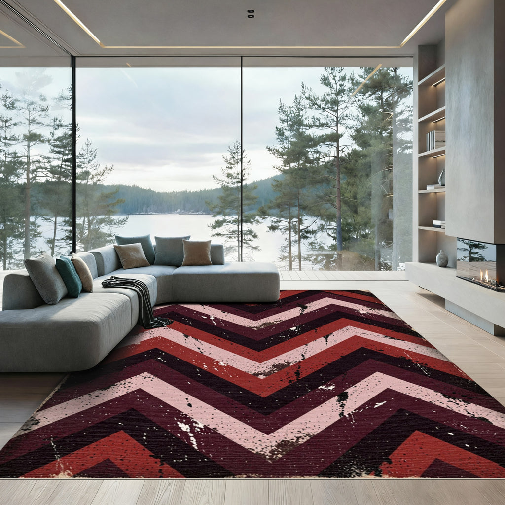 Distressed Burgundy Chevron Stripe Area Rug