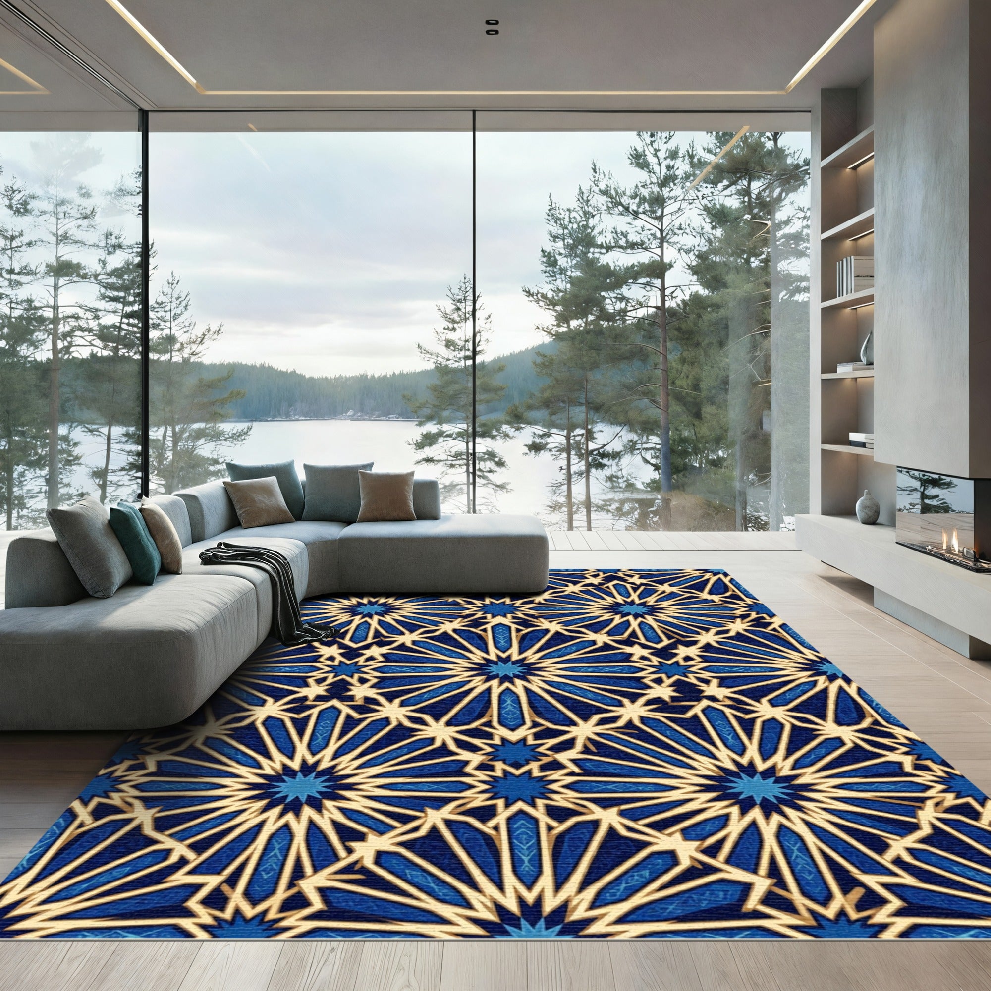 Geometric Starburst Navy and Gold Rug