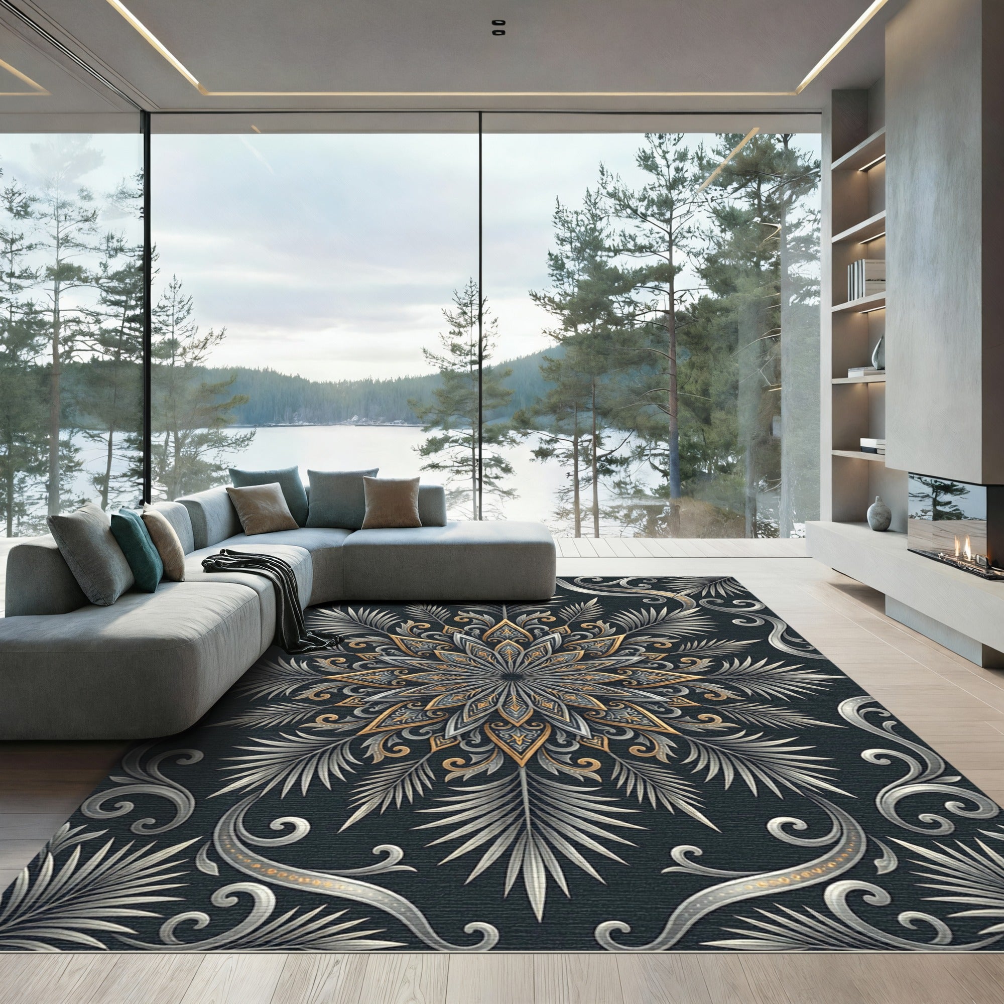 Elegant Sliver Gold Mandala Swirl Rug