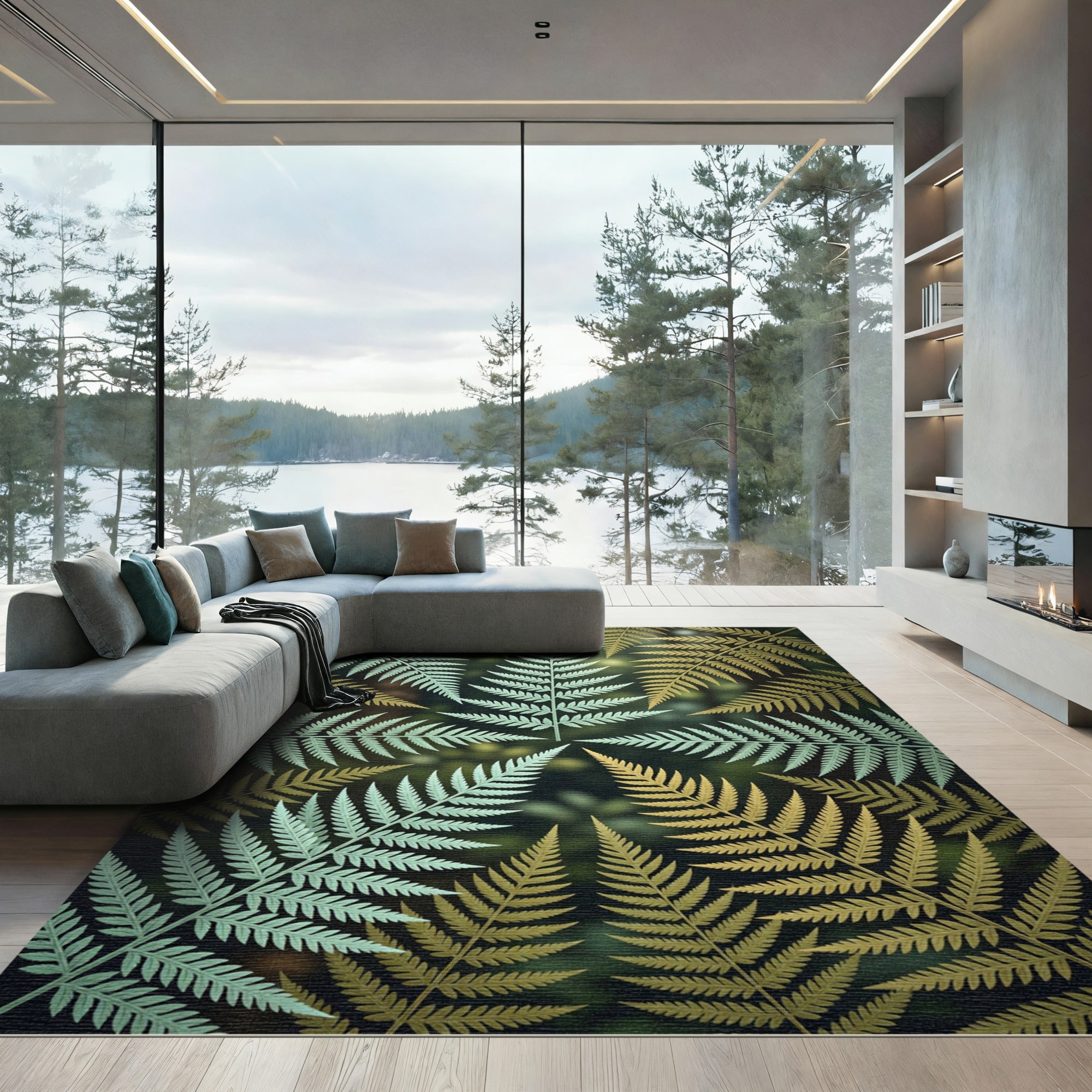 Lush Golden Green Tropical Fern Composition Rug