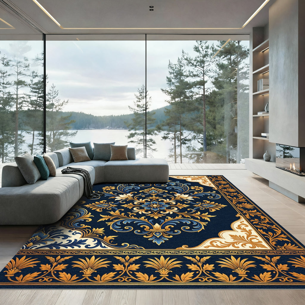 Royal Navy Gold Filigree Damask Rug