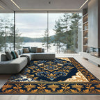 Royal Navy Gold Filigree Damask Rug