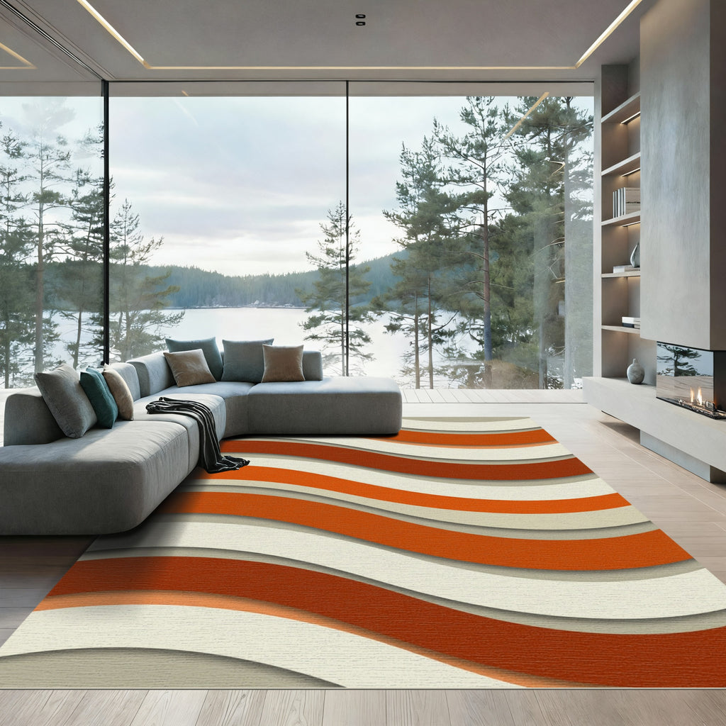 Modern Burnt Orange Wavy Stripe Rug