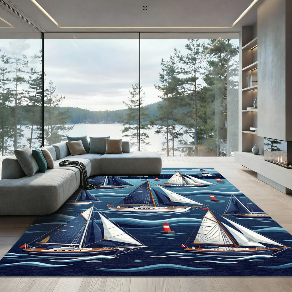Nautical Navy Sailboat Oceanic Wave Scene Rug