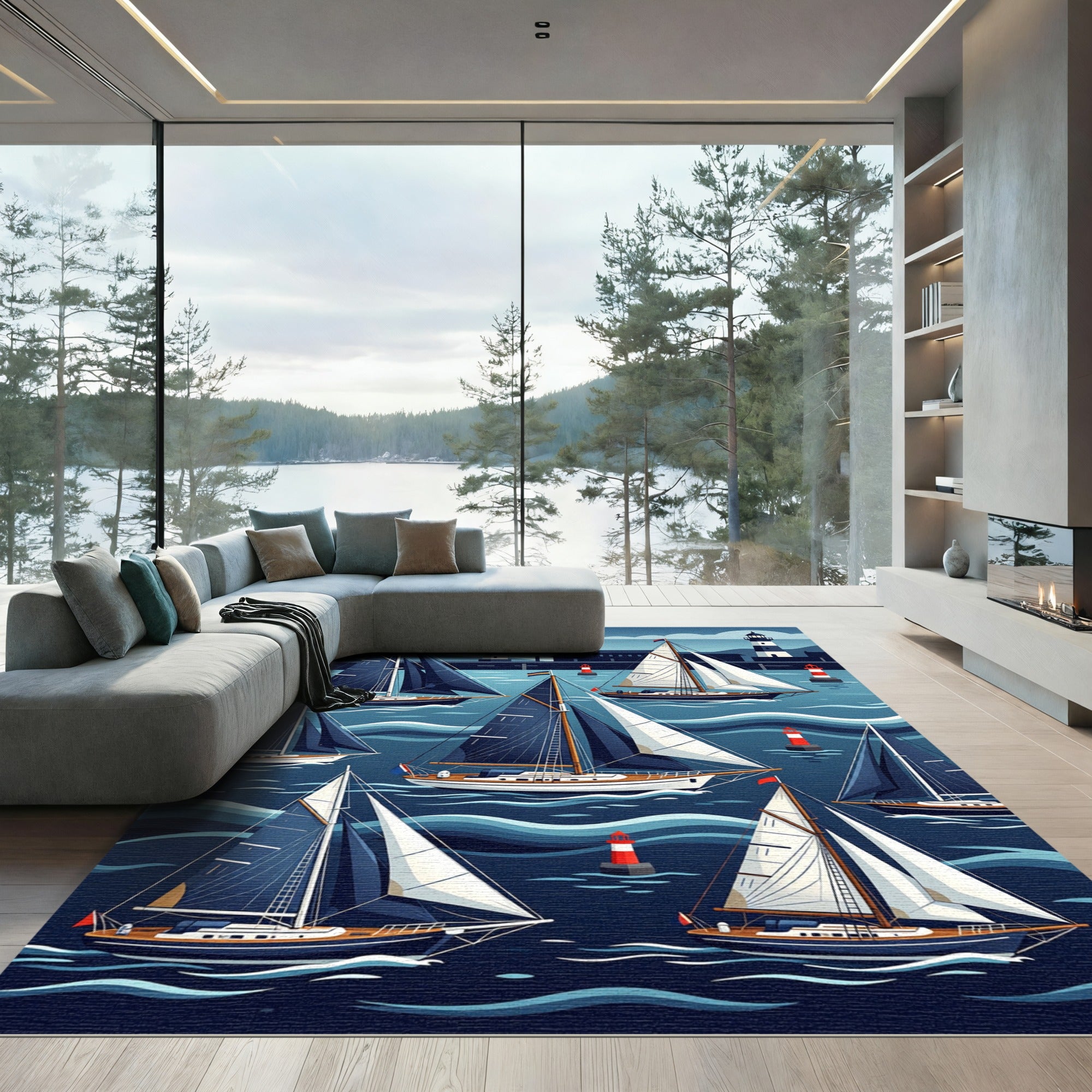 Nautical Navy Sailboat Oceanic Wave Scene Rug
