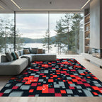 Modern Red Gray Geometric Pixel Block Rug