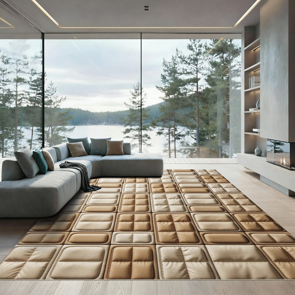 Neutral Padded Grid Geometric Texture Rug