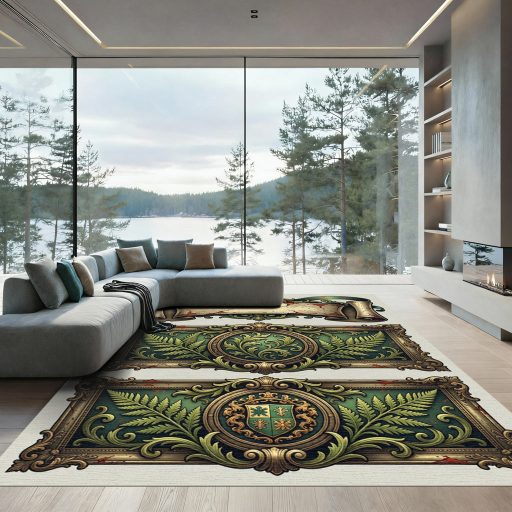 Ornate Green Gold Fern Crest Border Rug