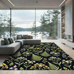 Black Botanical Garden Floral Arrangement Rug