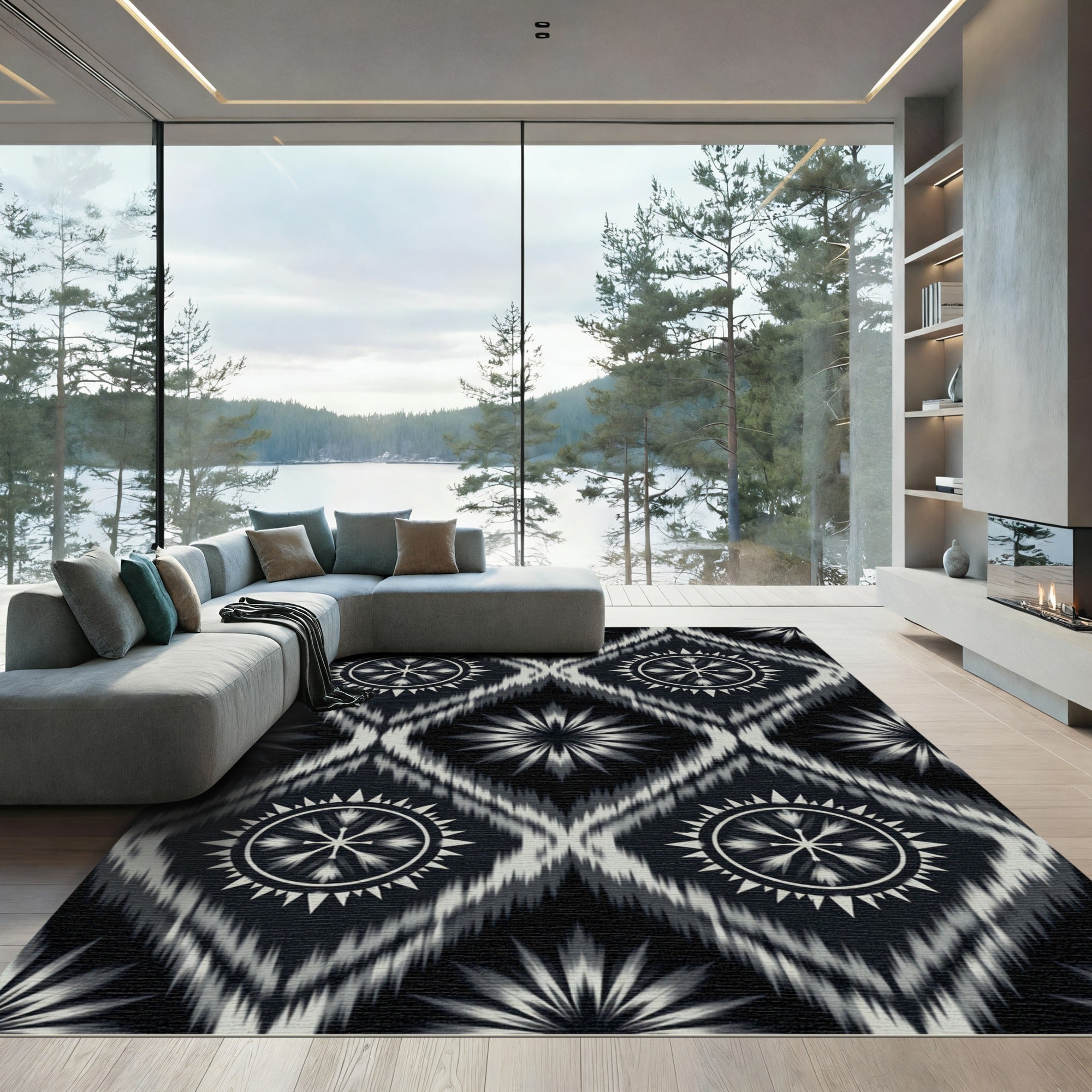 Monochromatic Ikat Sun Medallions Rug
