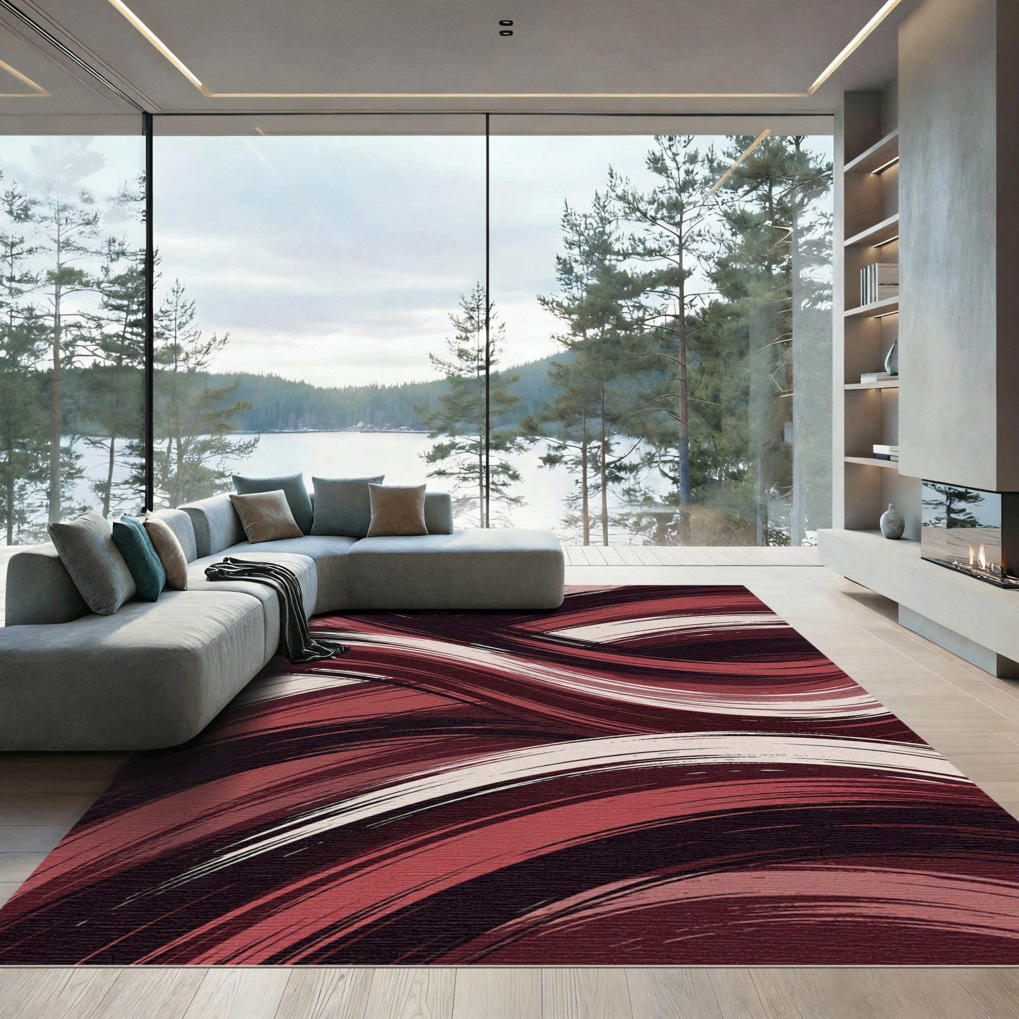 Modern Deep Red Abstract Swirl Rug