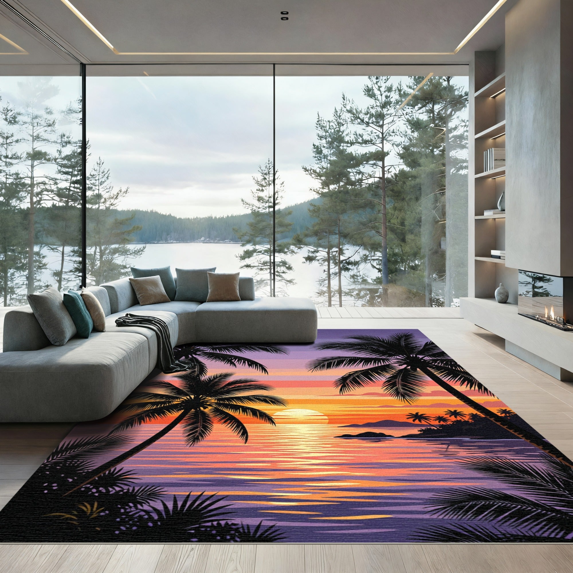 Tropical Sunset Palm Tree Silhouette Rug