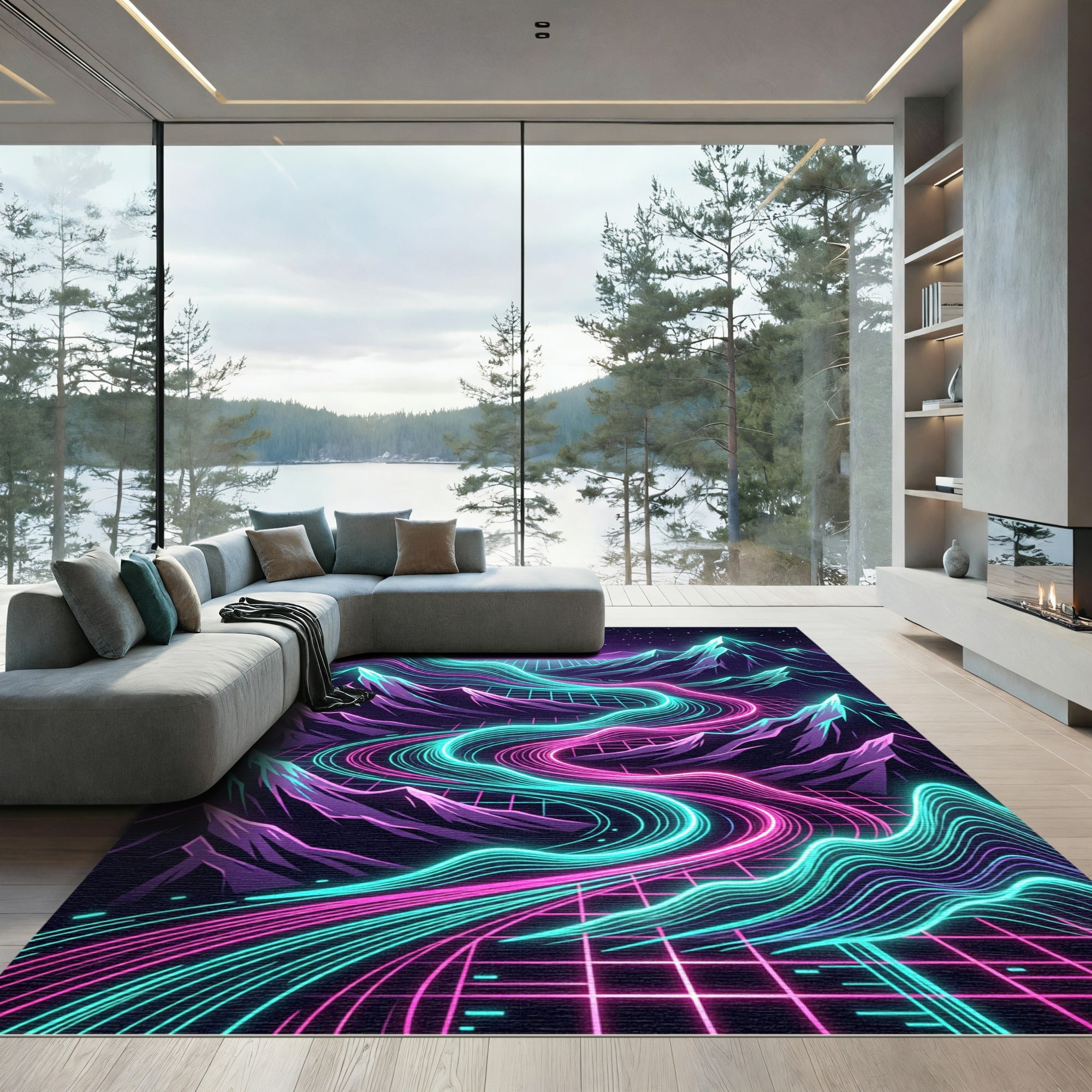 Neon Synthwave Mountain Landscape Electric Grid Rug
