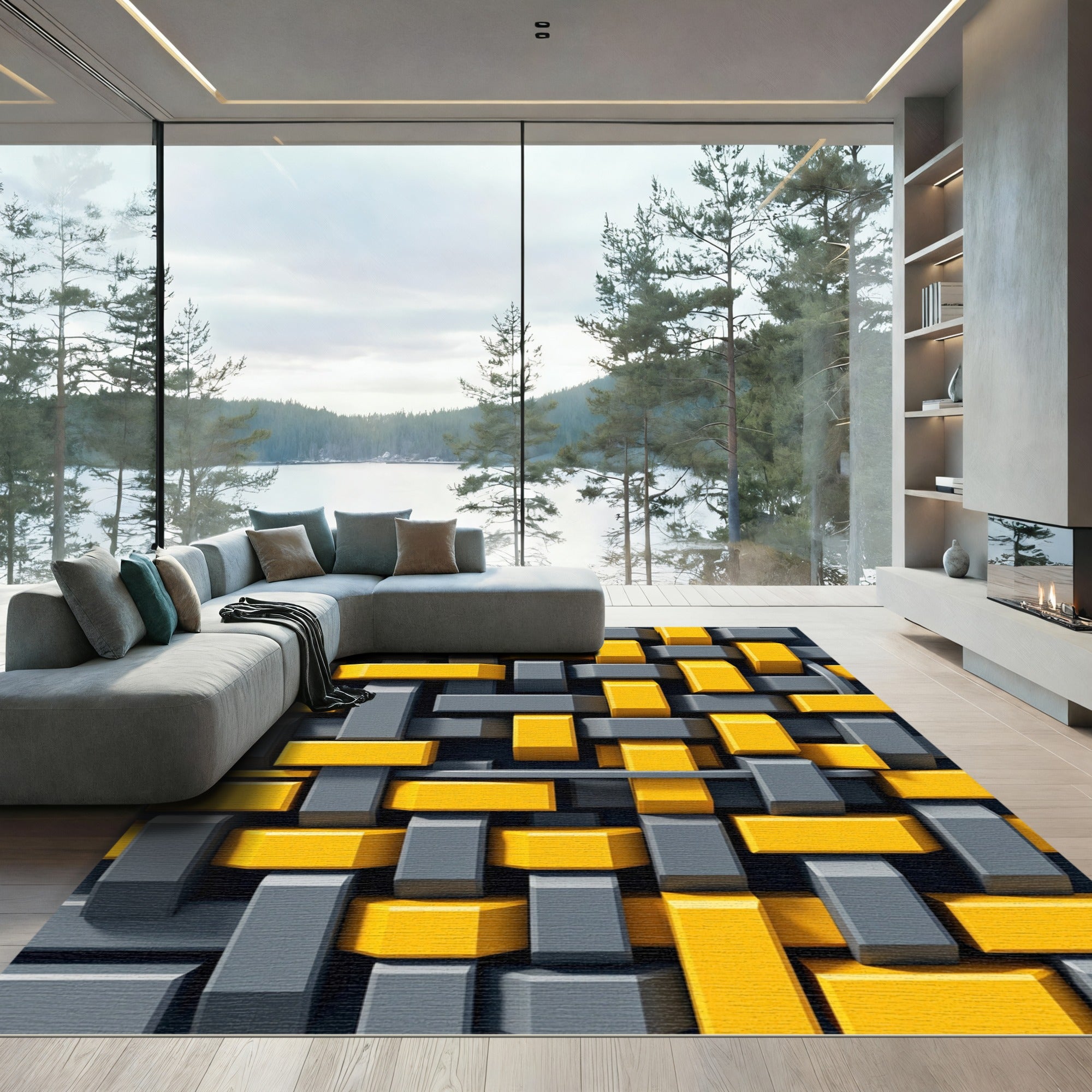 Woven Yellow Gray Interlocking Blocks Rug