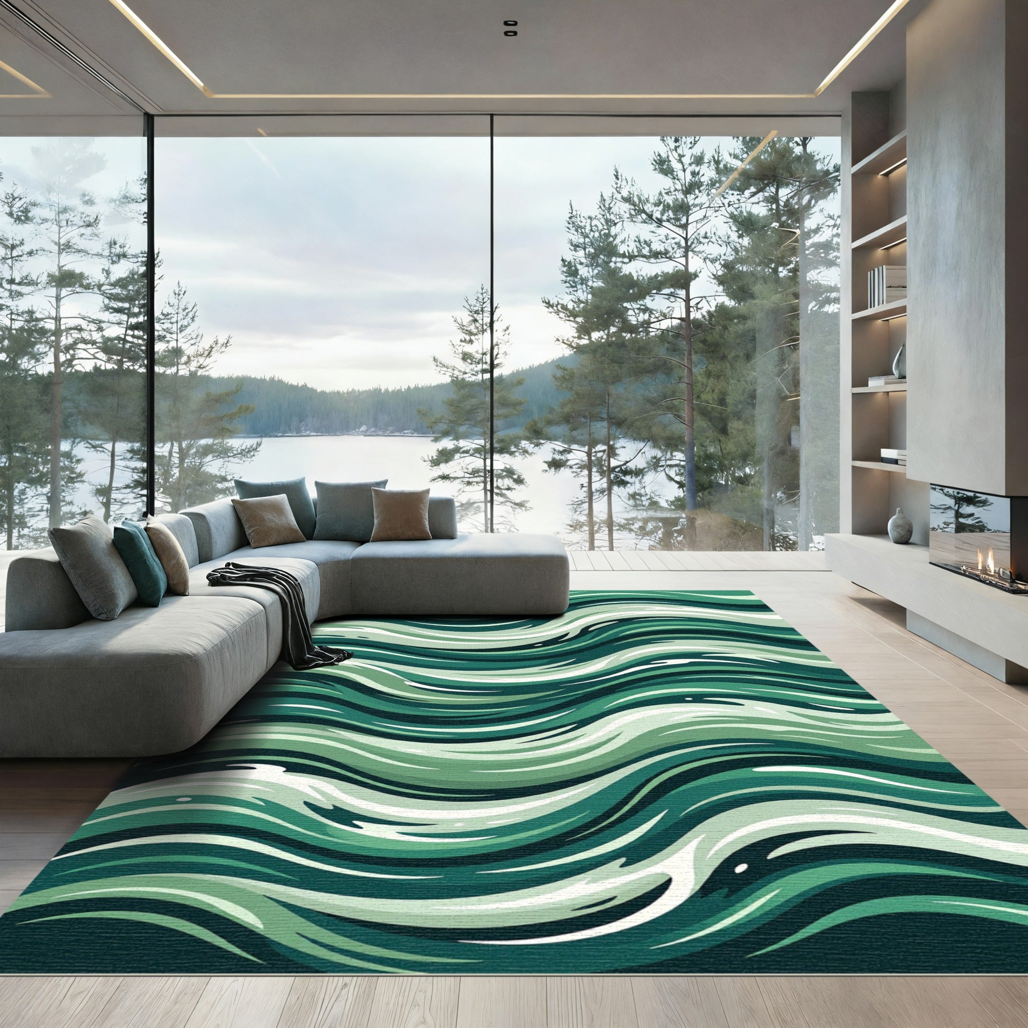 Emerald Green Abstract Wave Rug