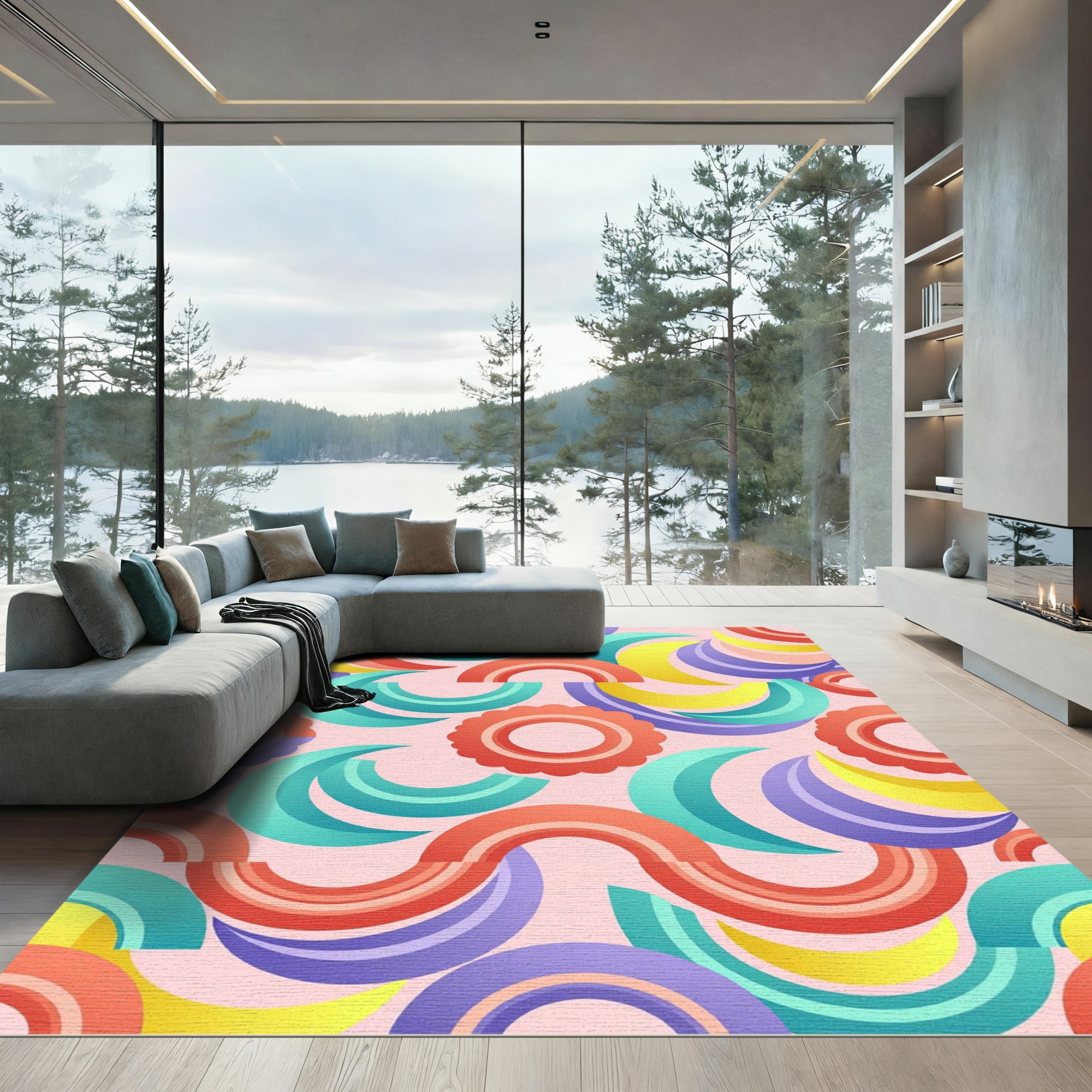 Retro Vibrant Multicolored Geometric Arches Rug