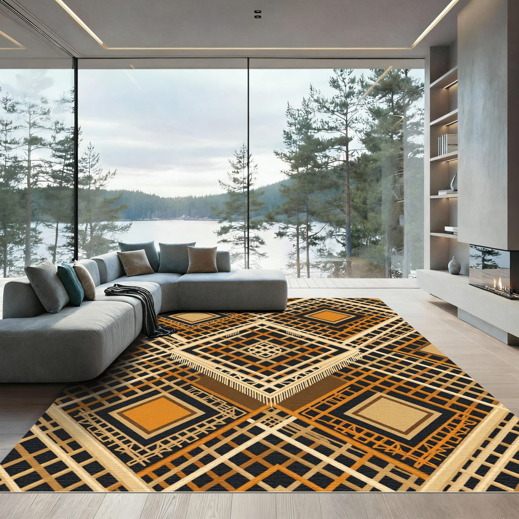 Geometric Amber Ochre Diamond Lattice Rug