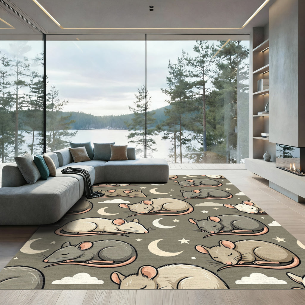 Whimsical Sleeping Mice and Moon Nightscape Rug