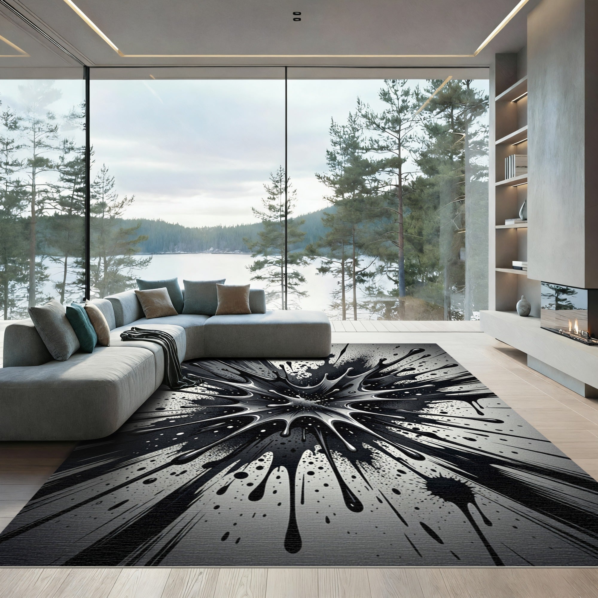 Monochrome Abstract Ink Splash Rug