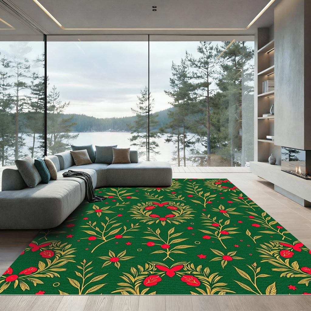 Emerald Green Red Floral Wreath Design Rug