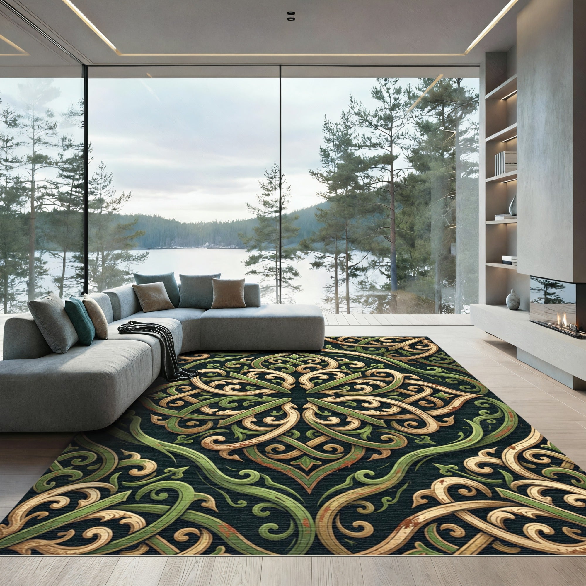 Ornate Olive and Gold Scrollwork Rug