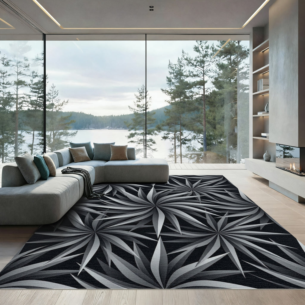 Modern Monochrome Botanical Starburst Art Rug