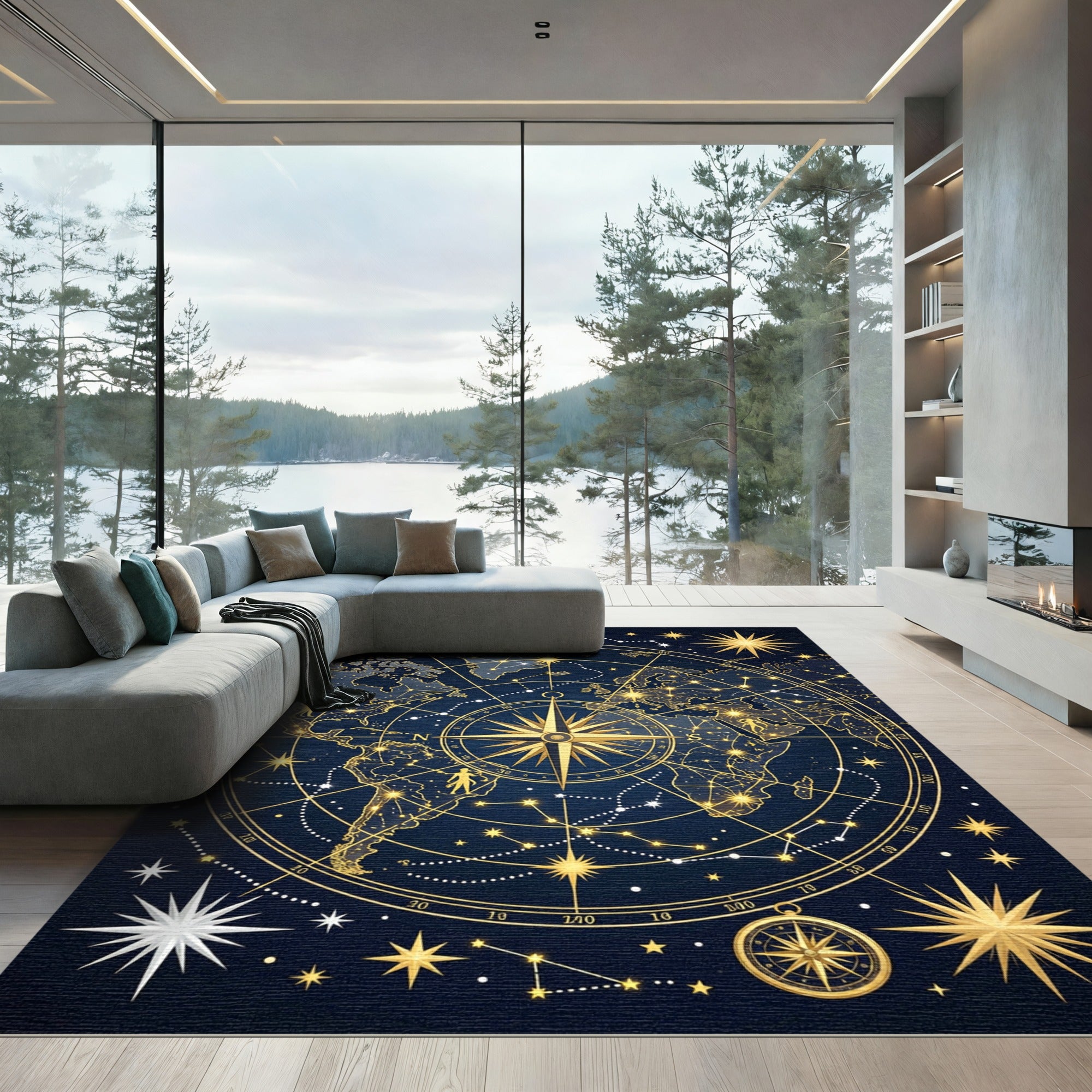 Celestial Gold Compass World Map Rug