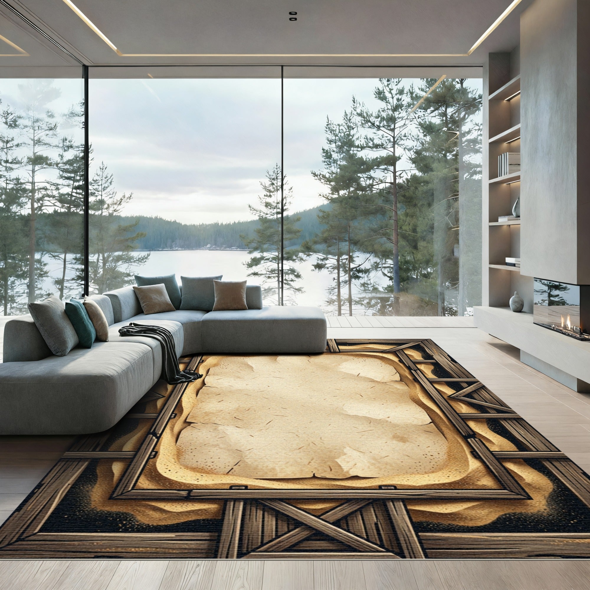 Rustic Wooden Frame Sand Scroll Rug