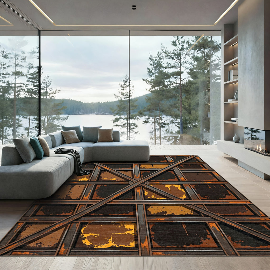 Industrial Rusty Grungy Grid Rug