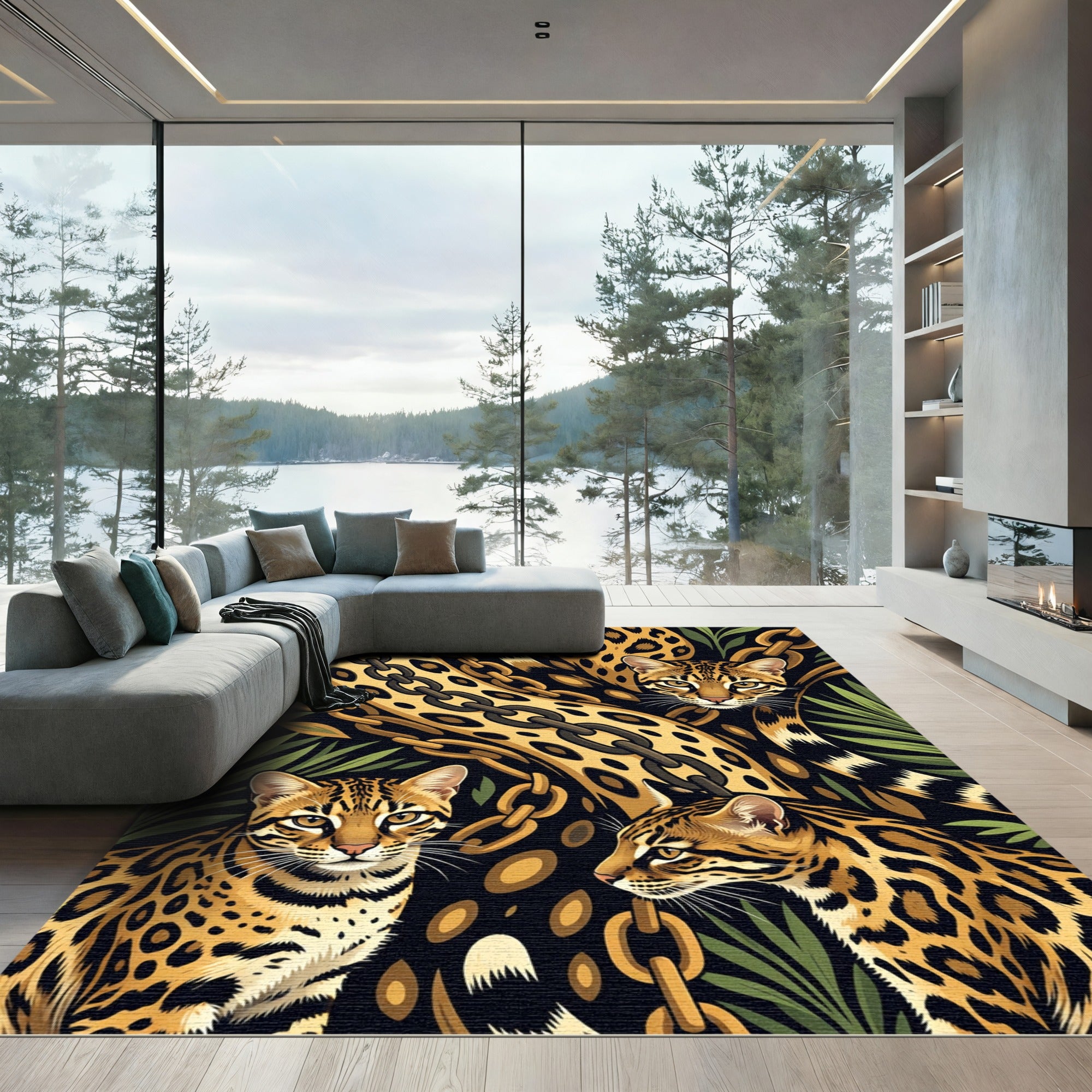 Golden Ocelot Chain Jungle Art Rug