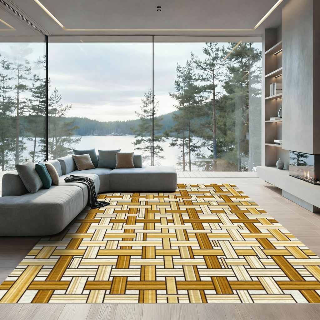 Earthy Woven Golden Bamboo Plaid Rug