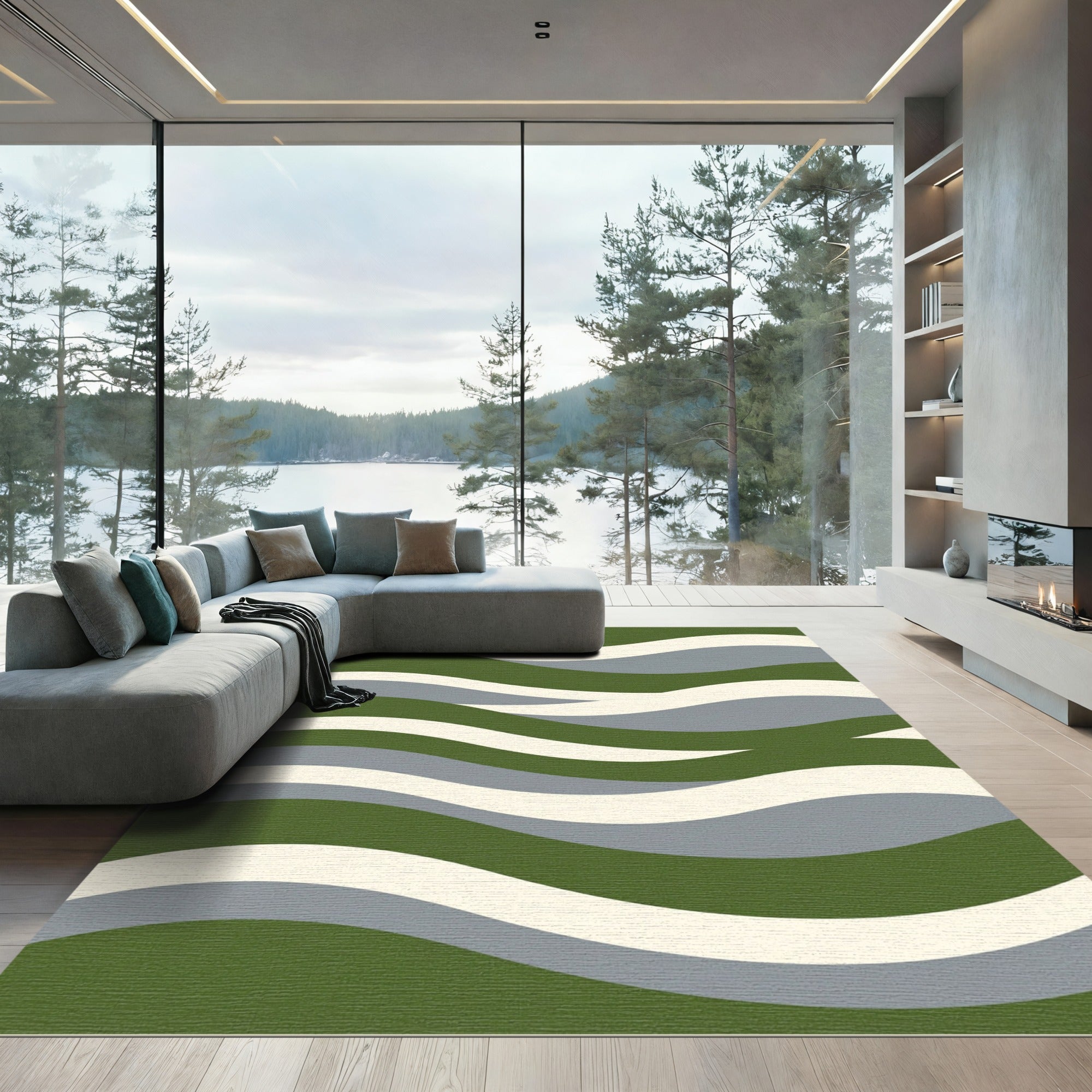 Modern Olive and Sage Wavy Stripe Rug