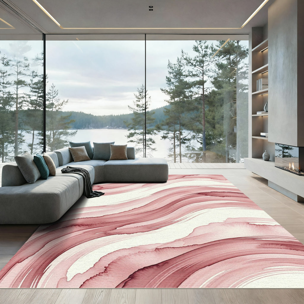 Soft Blush Abstract Fluid Wave Rug