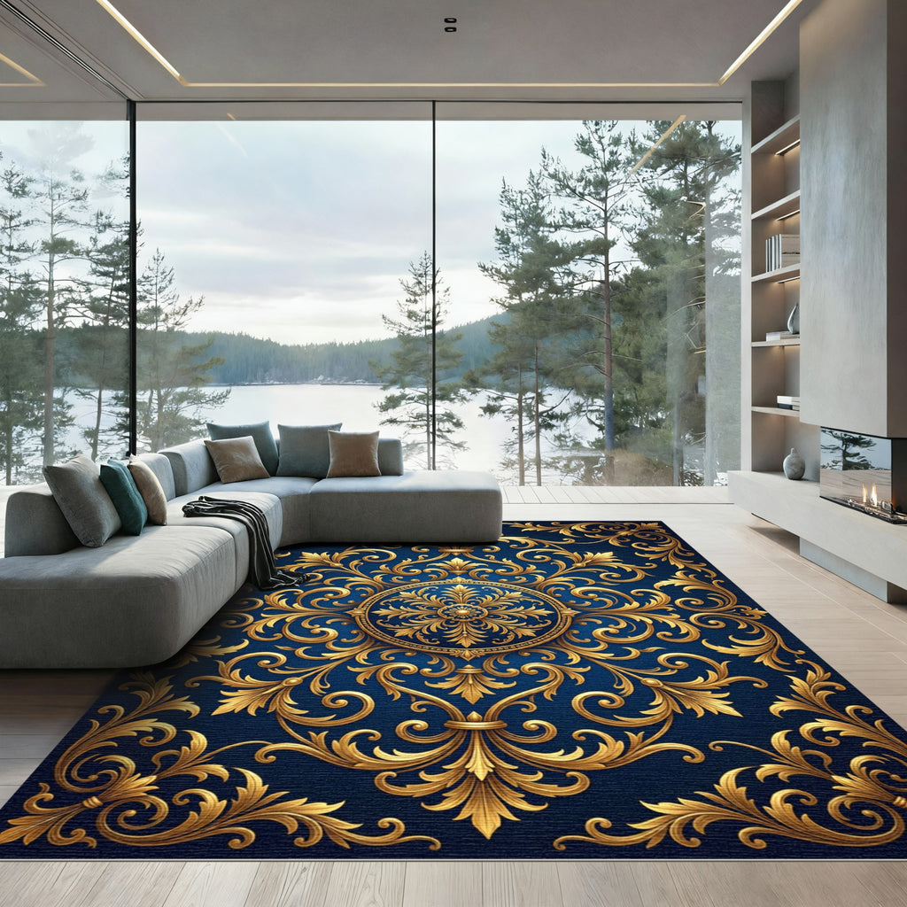 Royal Navy Gold Ornate Scroll Medallion Rug