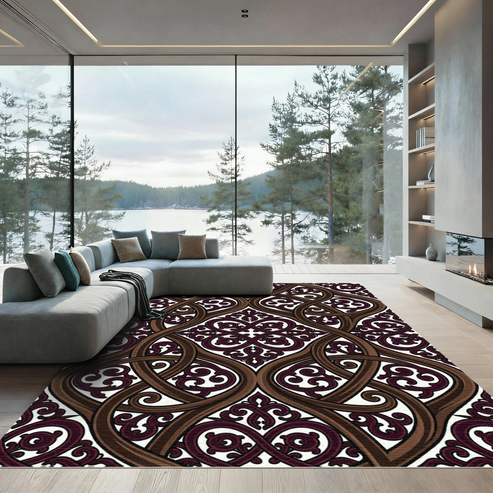 Ornate Brown Intertwined Scrolling Vines Rug