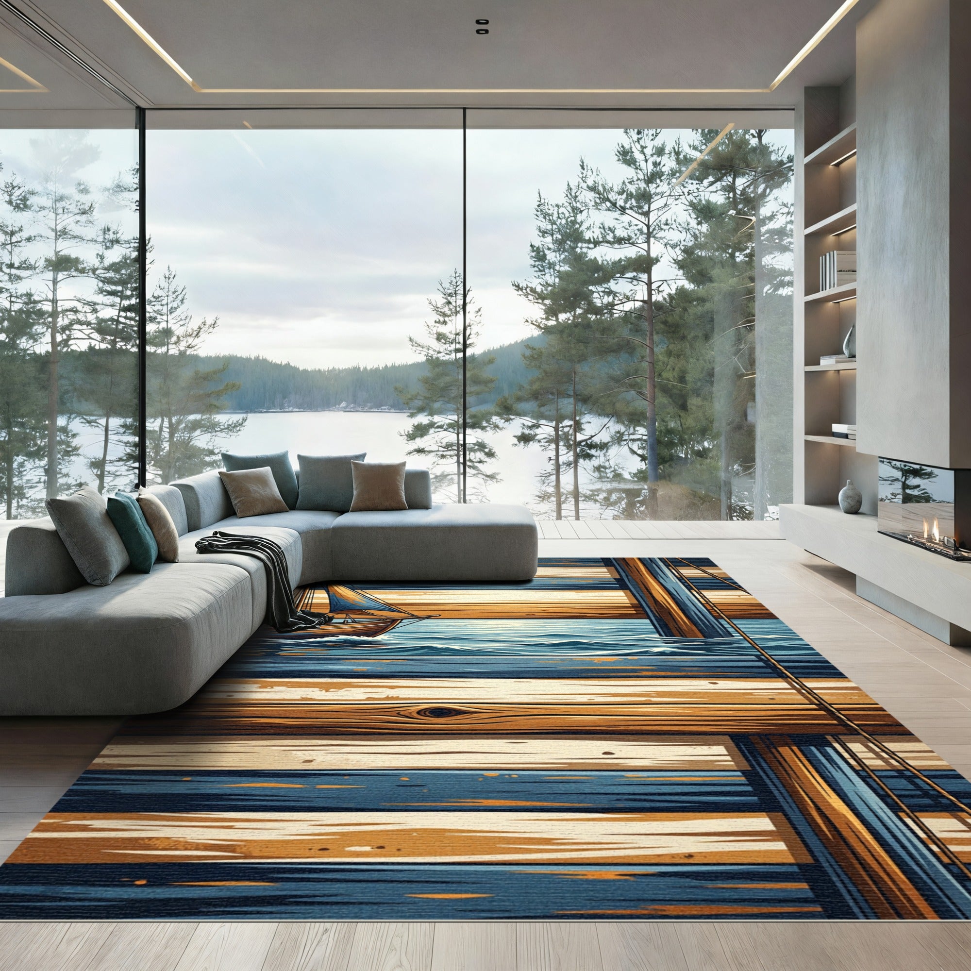 Nautical Sailboat Wood Grain Stripes Rug