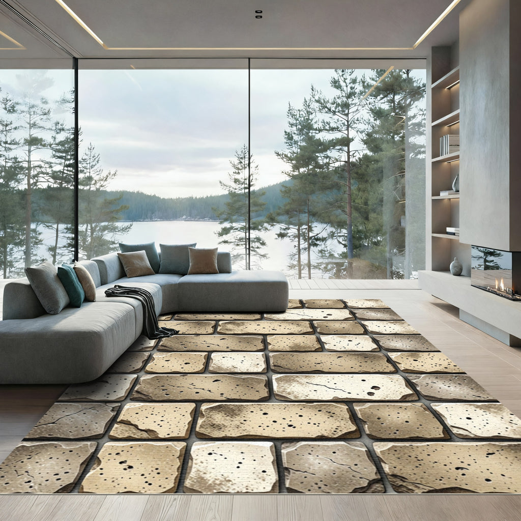 Textured Sandy Stone Brick Wall Rug