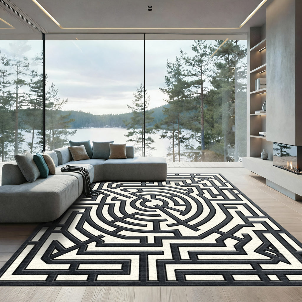 Modern Monochrome Labyrinth Geometric Swirl Rug