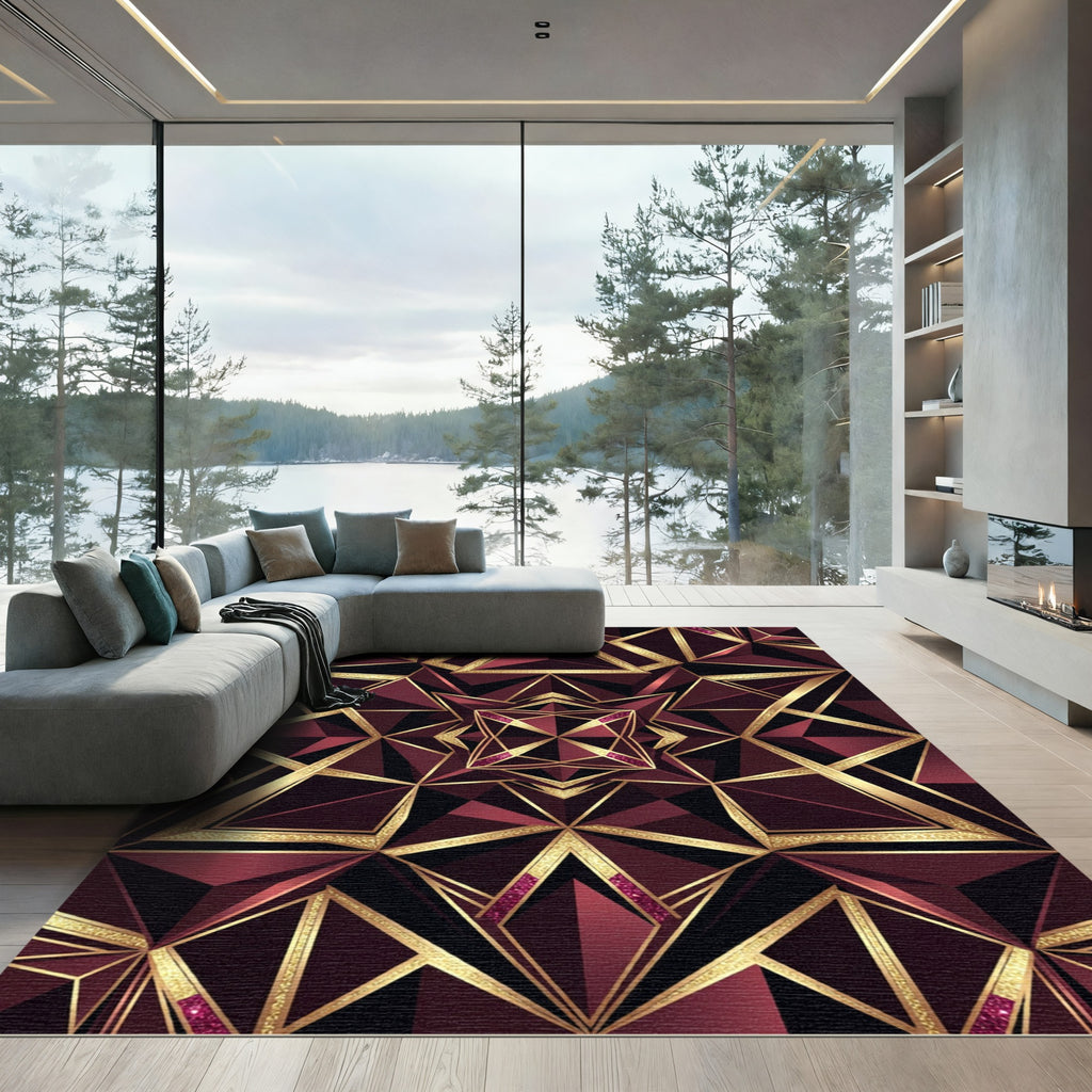 Luxurious Geometric Burgundy and Gold Art Deco Rug