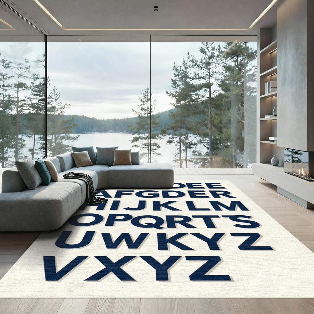 Bold Navy Typography Alphabet Wall Art Rug
