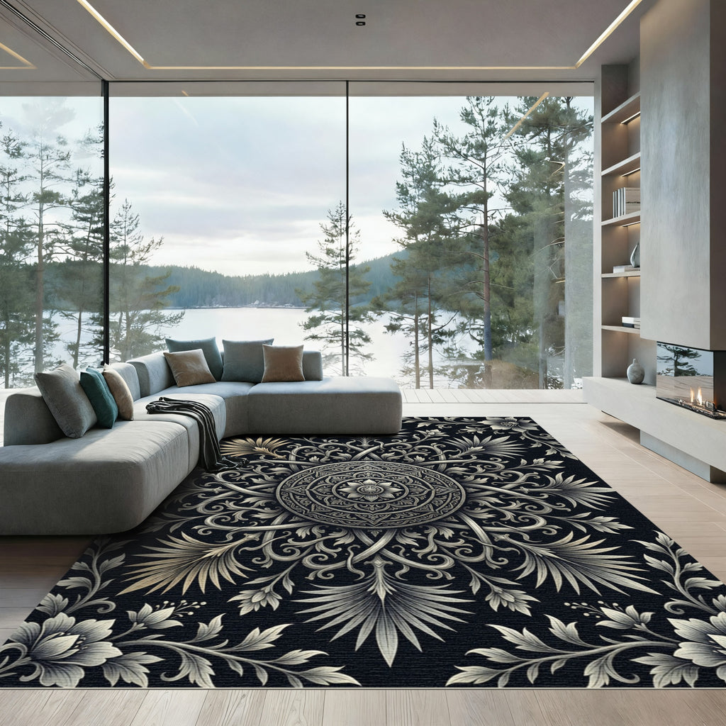 Detailed Silver Floral Mandala Statement Piece Rug