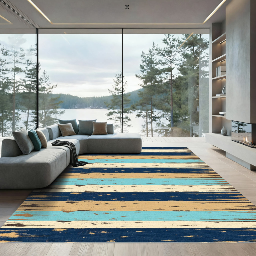 Distressed Navy Beige and Turquoise Striped Rug