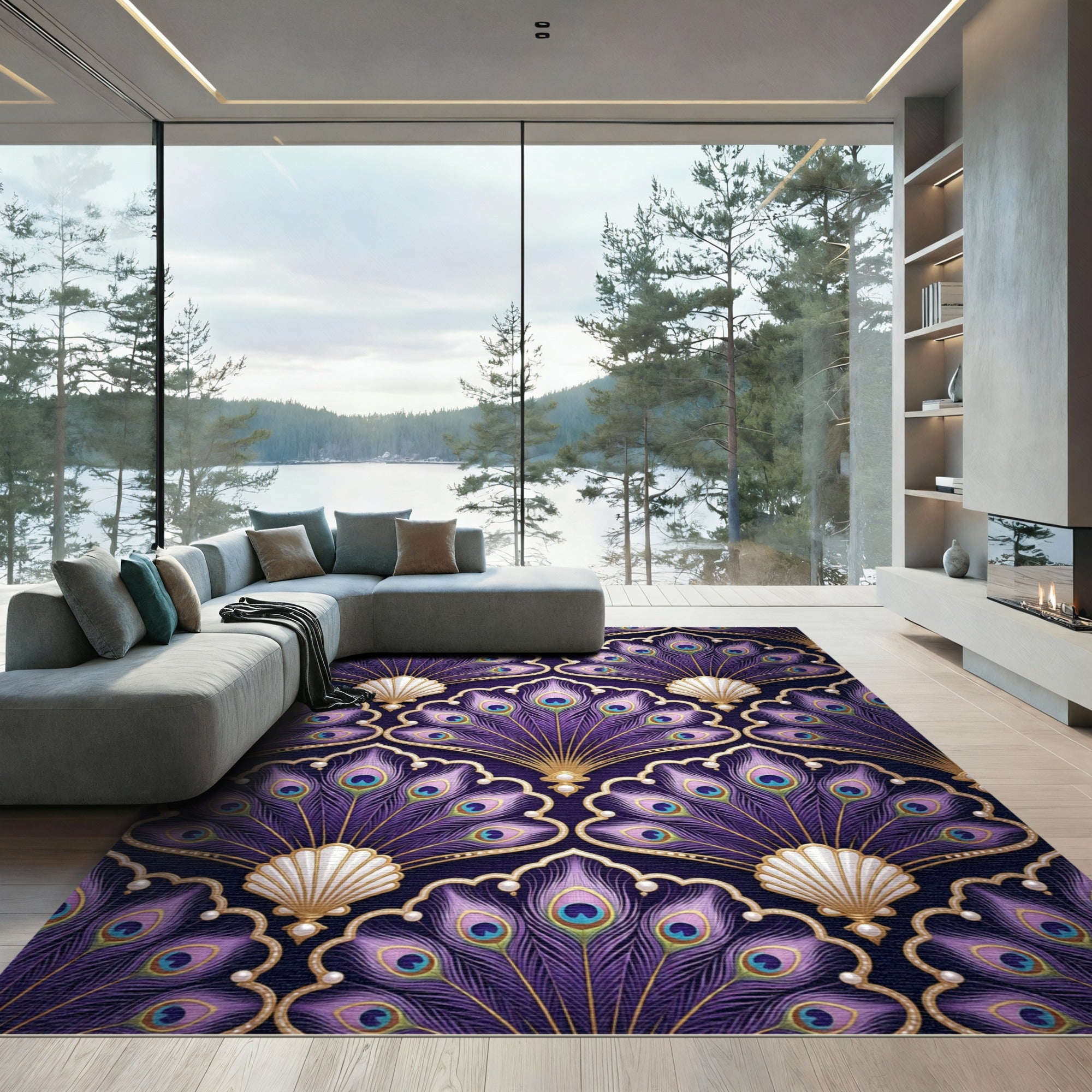 Rich Purple Peacock Feather Scallop Rug