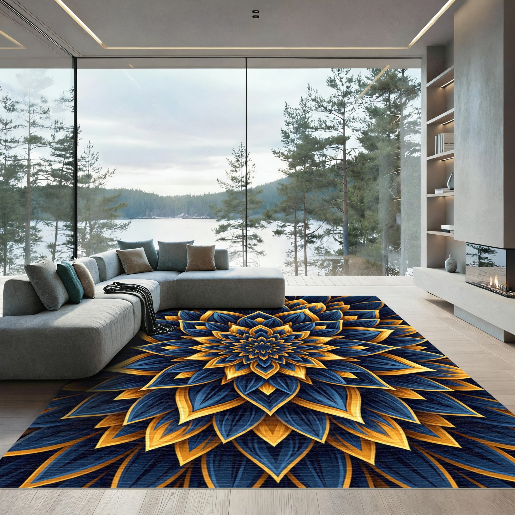 Golden Sapphire Radiant Floral Mandala Rug