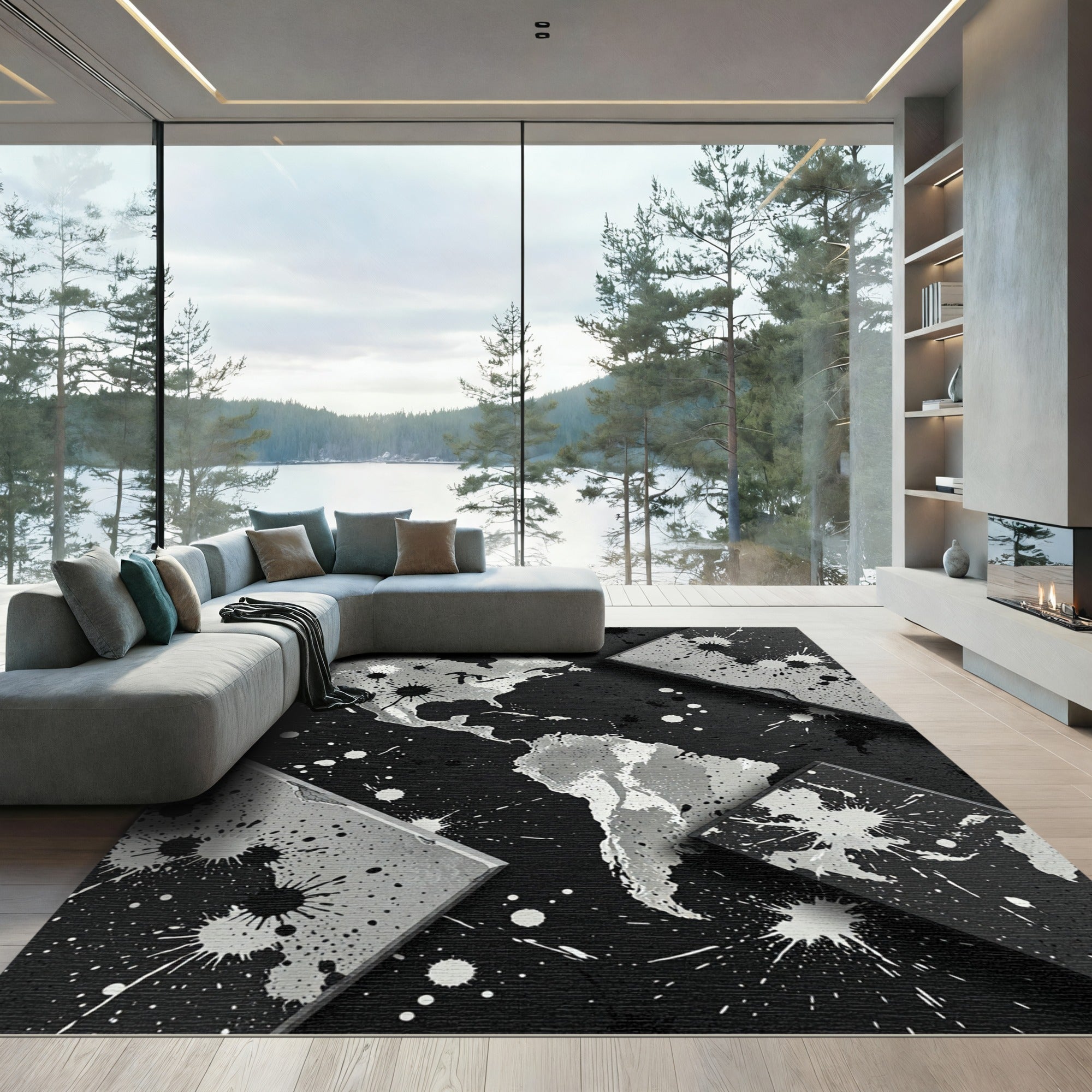 Gray Ink Splatter World Map Rug